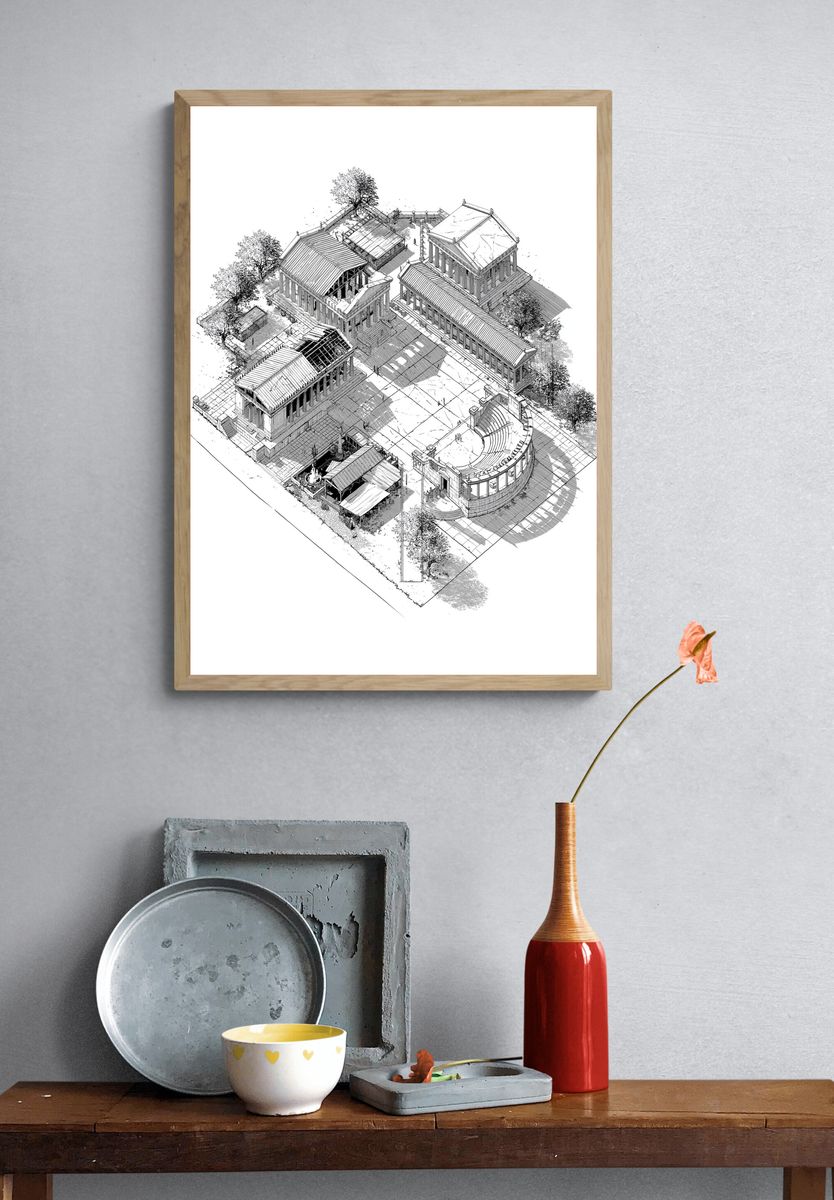 Ancient Temple Complex Architecture Print. — room view 3