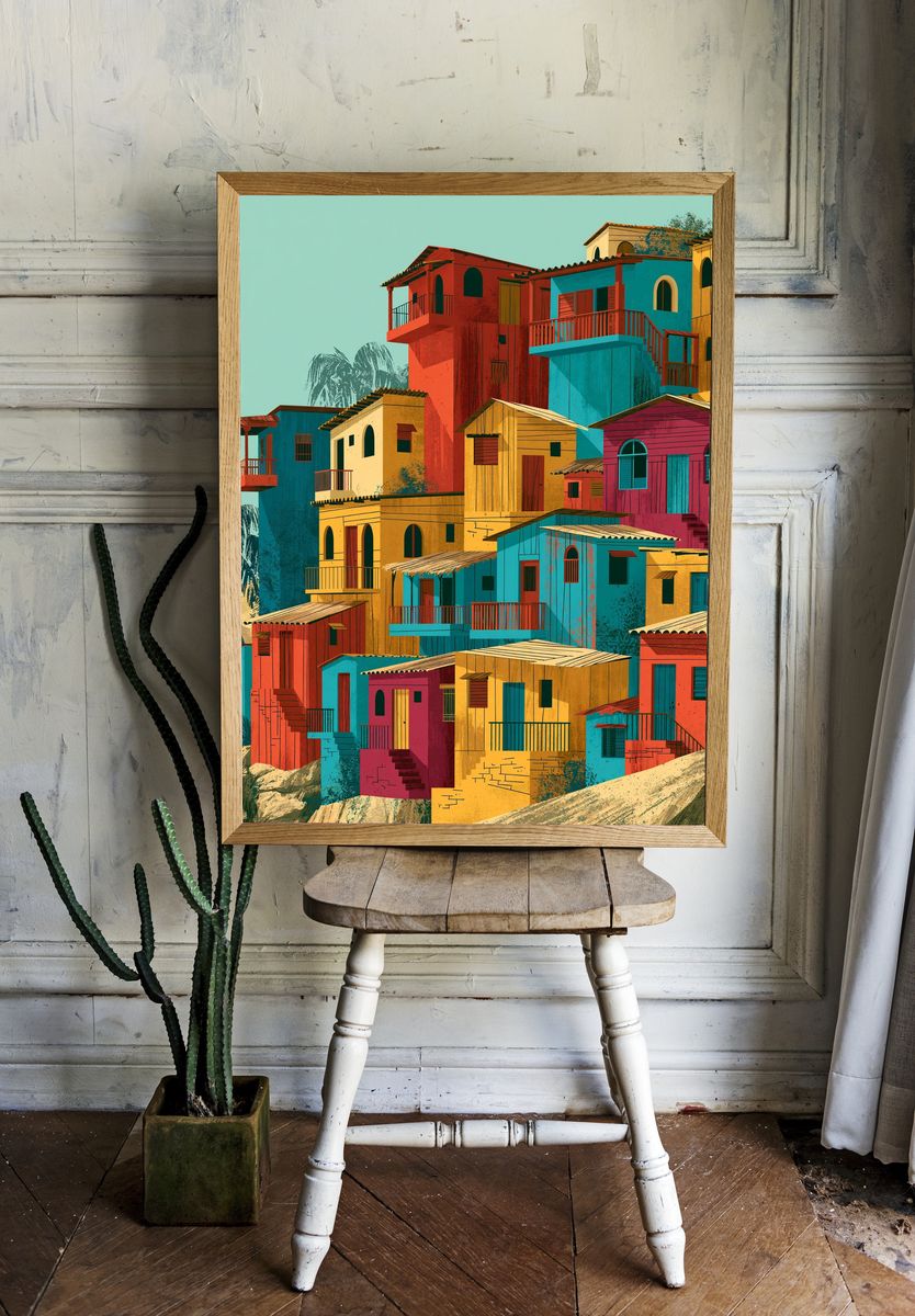 Colorful Hillside Village Architecture Poster. room preview