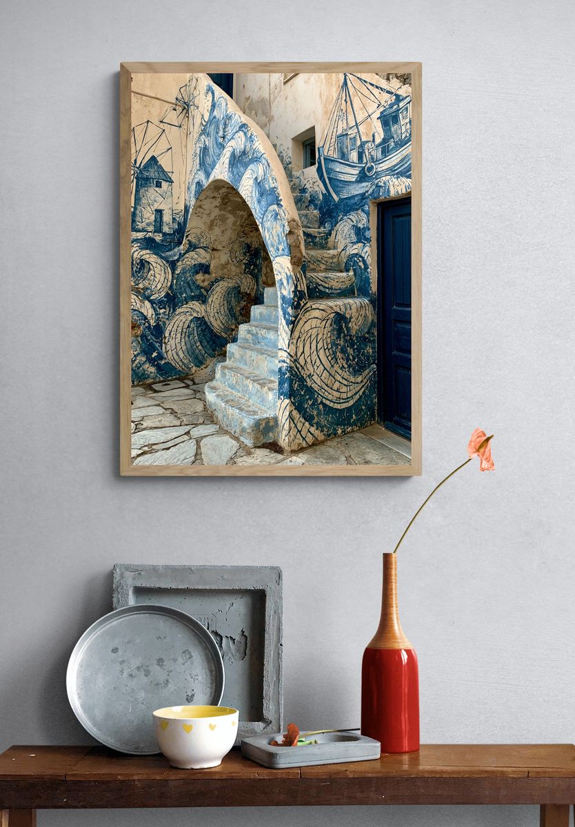 Blue Coastal Mural Architecture Poster. — room view 3