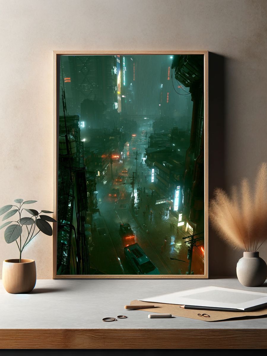 Neon Rain Cityscape Poster. — room view 2