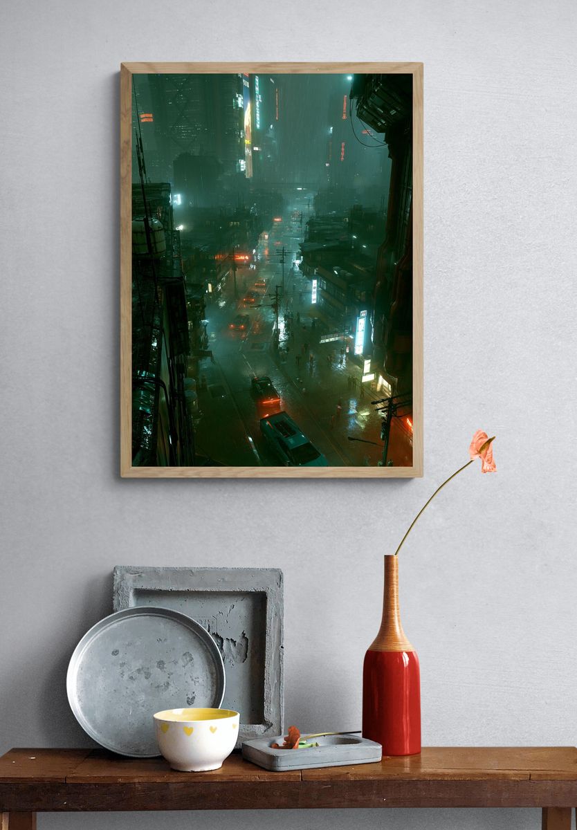 Neon Rain Cityscape Poster. — room view 3