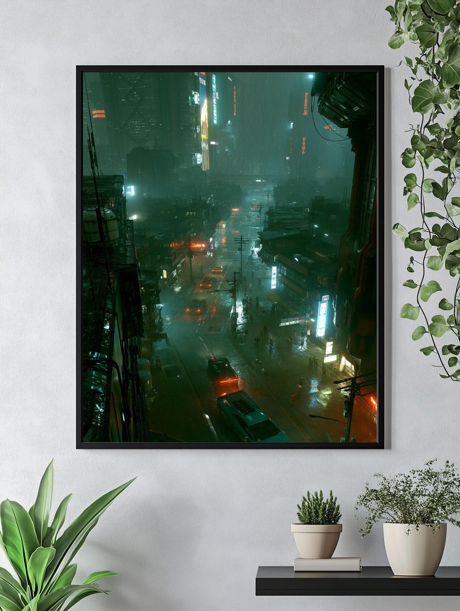 Neon Rain Cityscape Poster. — room view 4