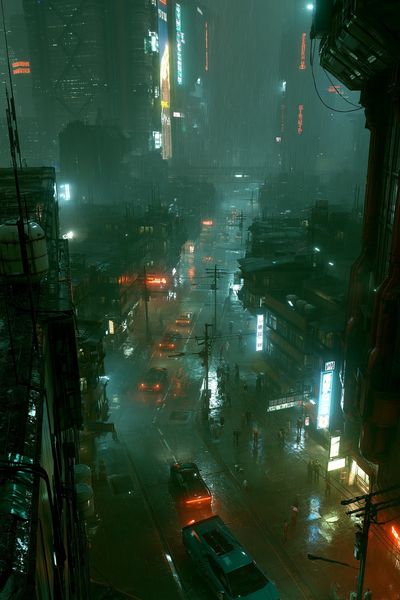 Neon Rain Cityscape Poster.