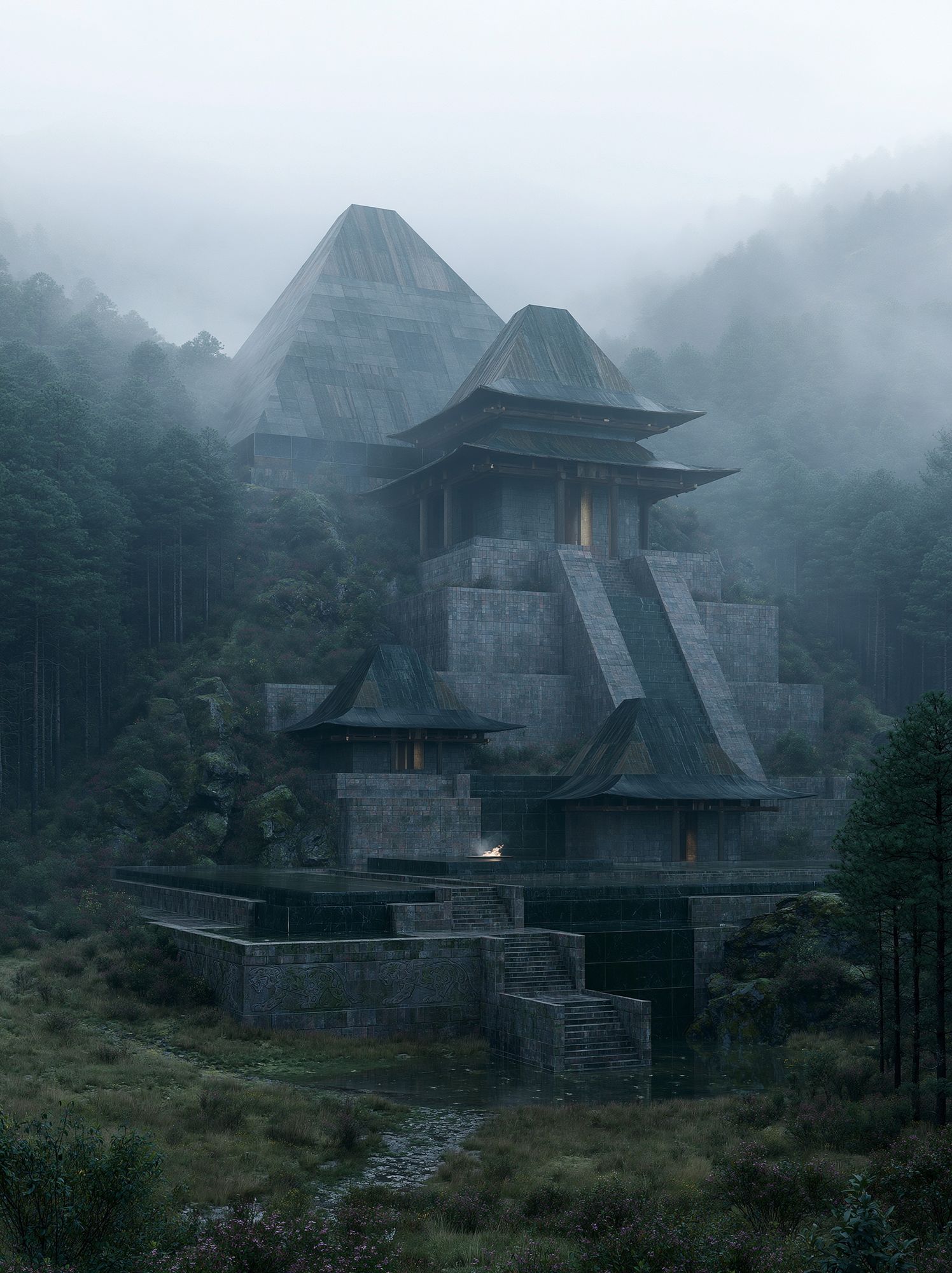 Misty Mountain Temple Photography Poster. poster — architecture art
