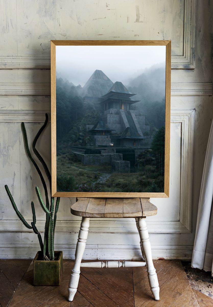Misty Mountain Temple Photography Poster. room preview