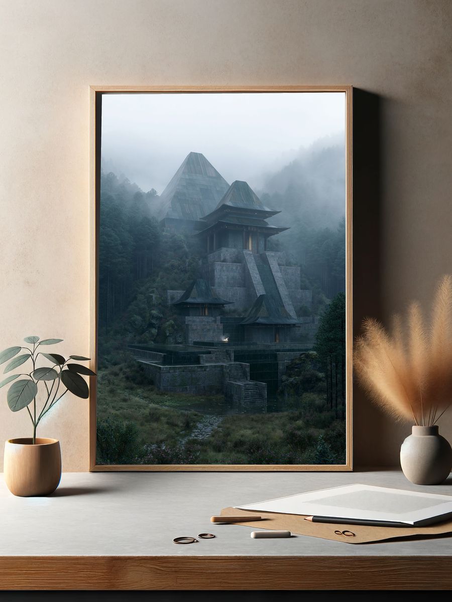 Misty Mountain Temple Photography Poster. — room view 2