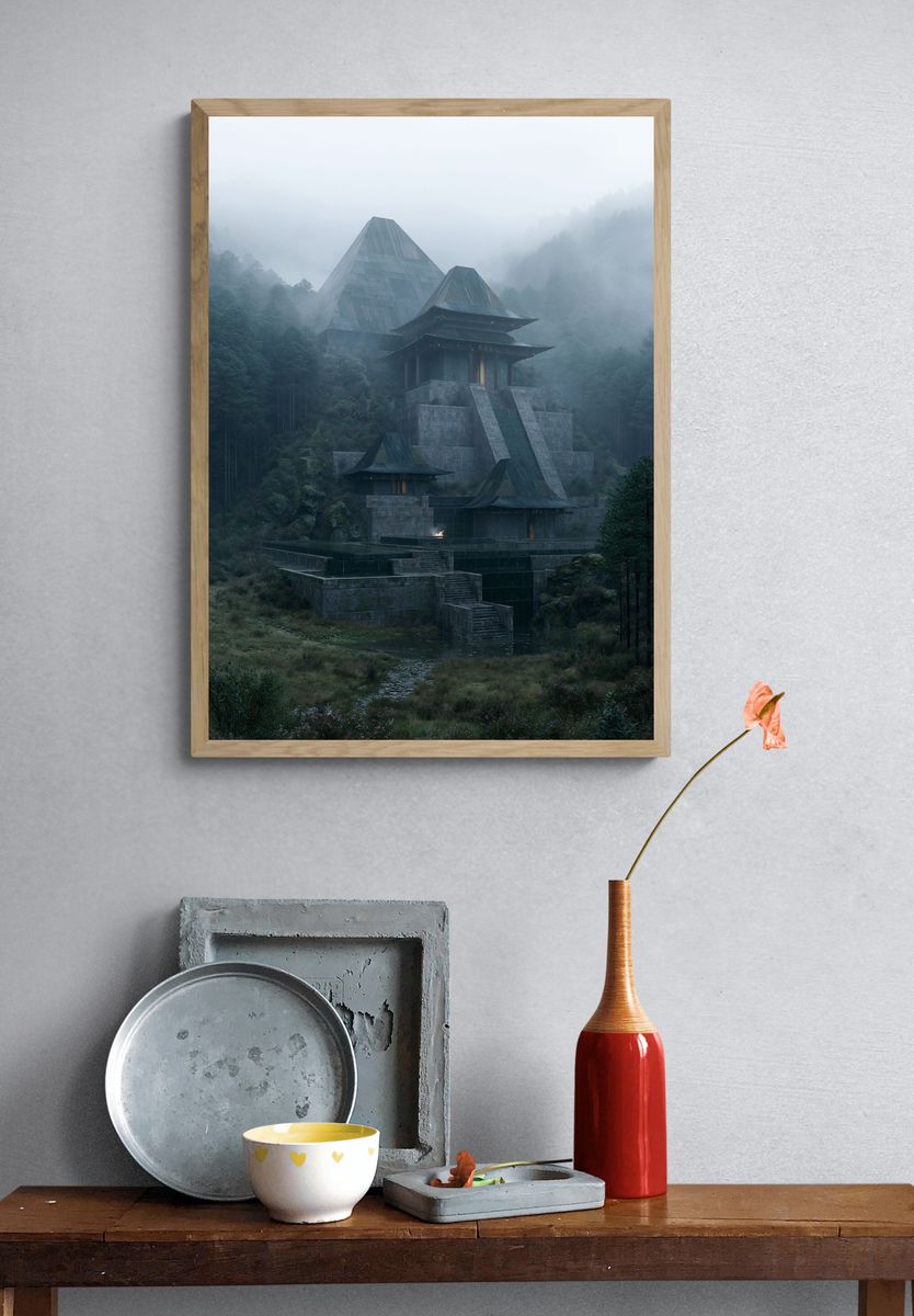 Misty Mountain Temple Photography Poster. — room view 3