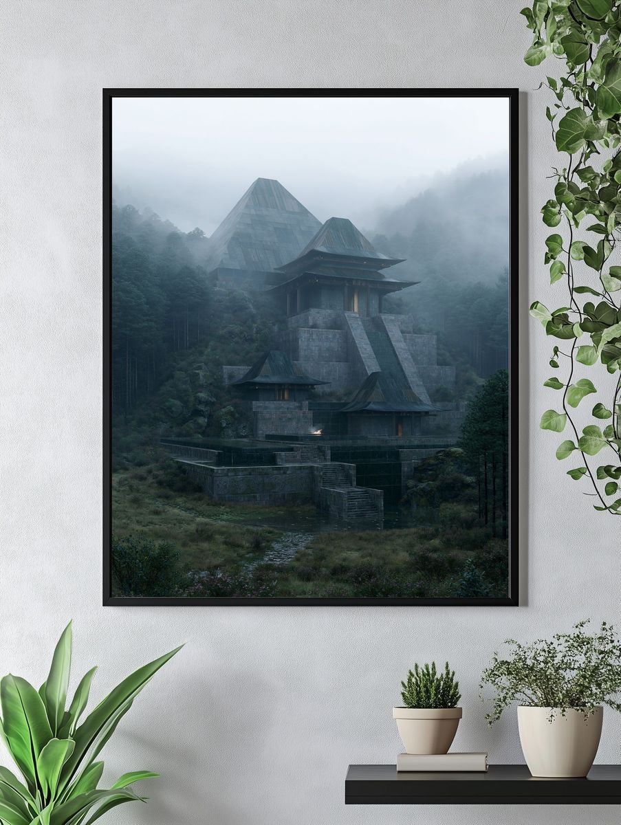 Misty Mountain Temple Photography Poster. — room view 4
