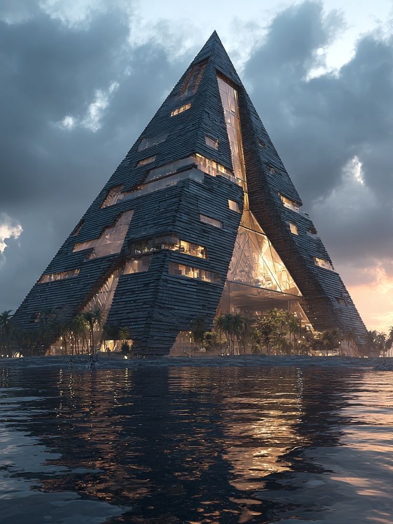 Futuristic Seaside Pyramid Architecture Print. poster — architecture art