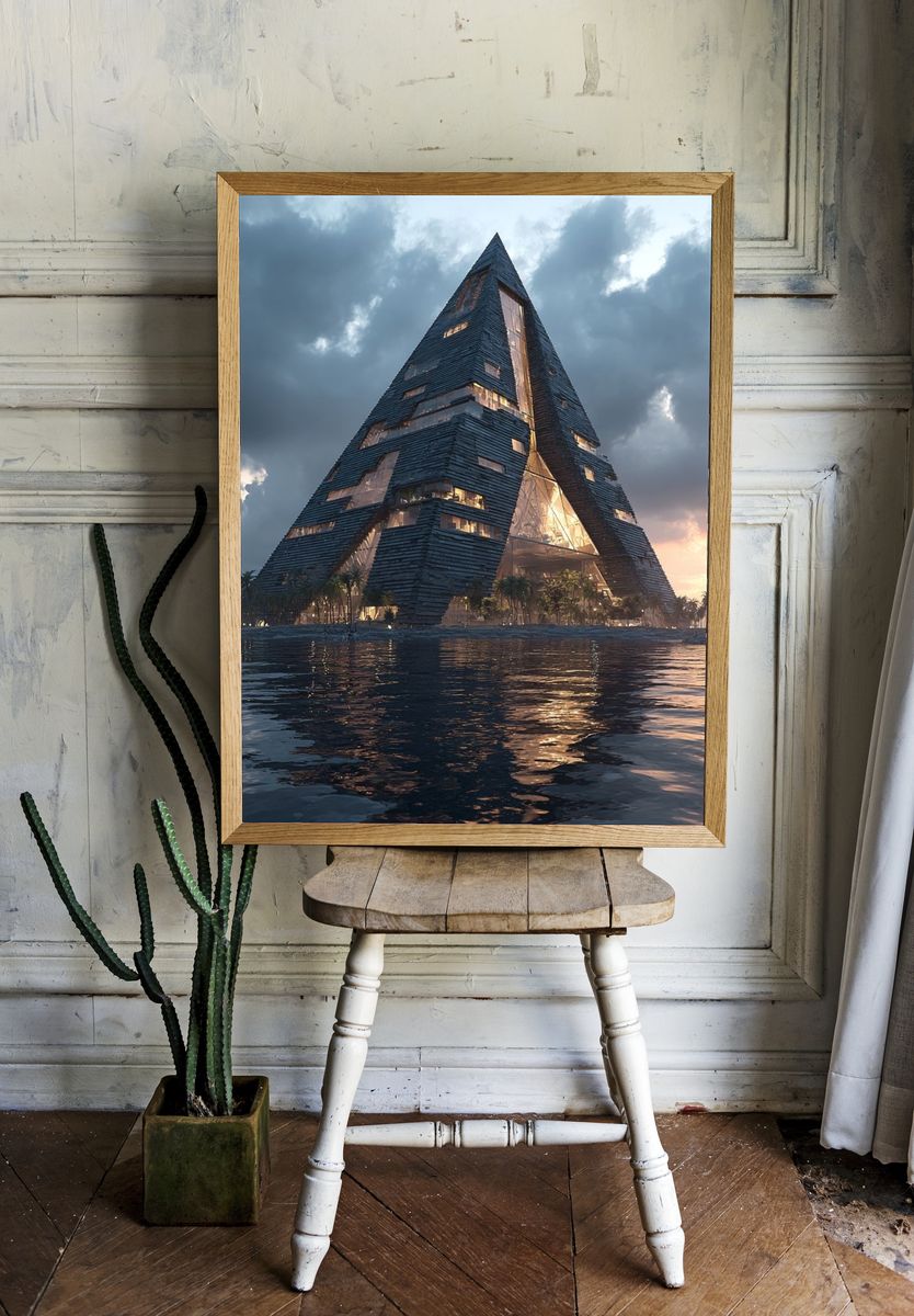 Futuristic Seaside Pyramid Architecture Print. — room view 1