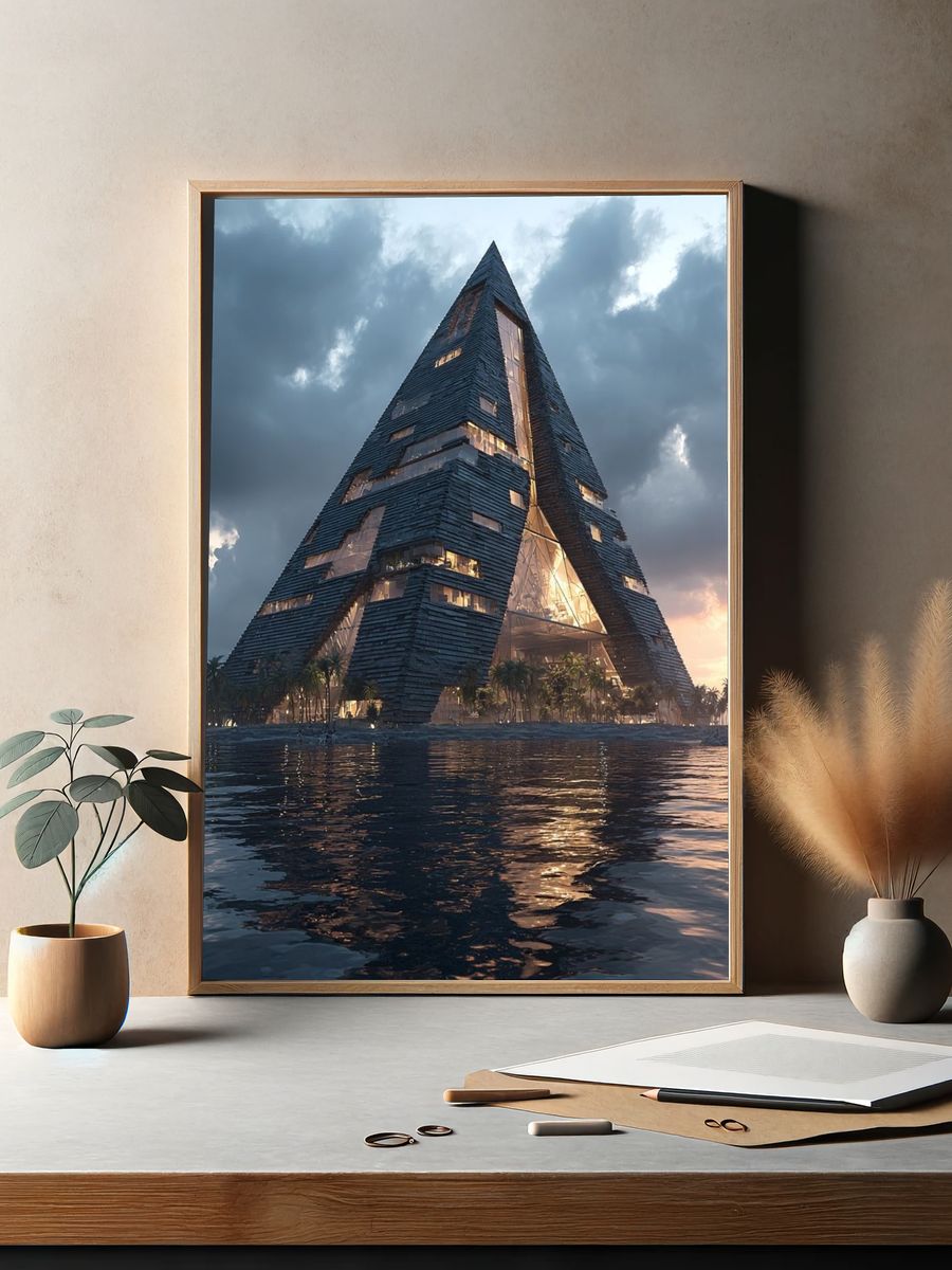 Futuristic Seaside Pyramid Architecture Print. — room view 2