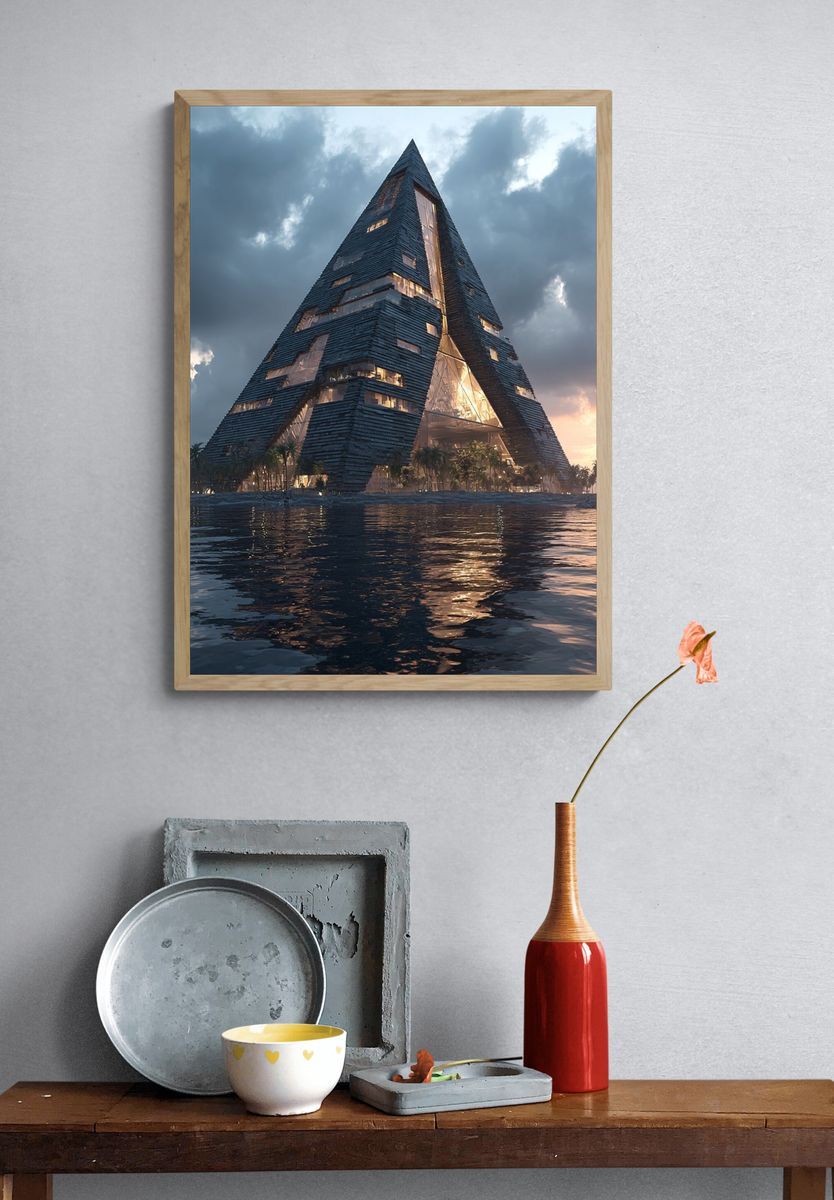 Futuristic Seaside Pyramid Architecture Print. — room view 3
