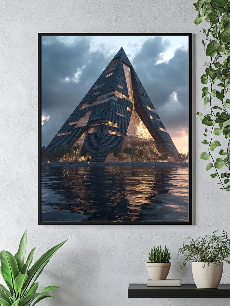Futuristic Seaside Pyramid Architecture Print. — room view 4