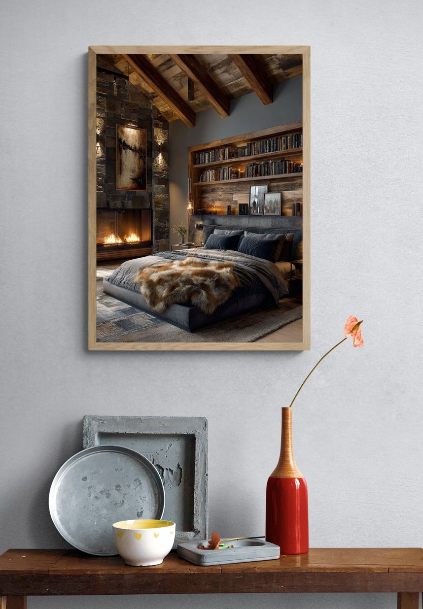 Rustic Cabin Bedroom Interior Print. — room view 3
