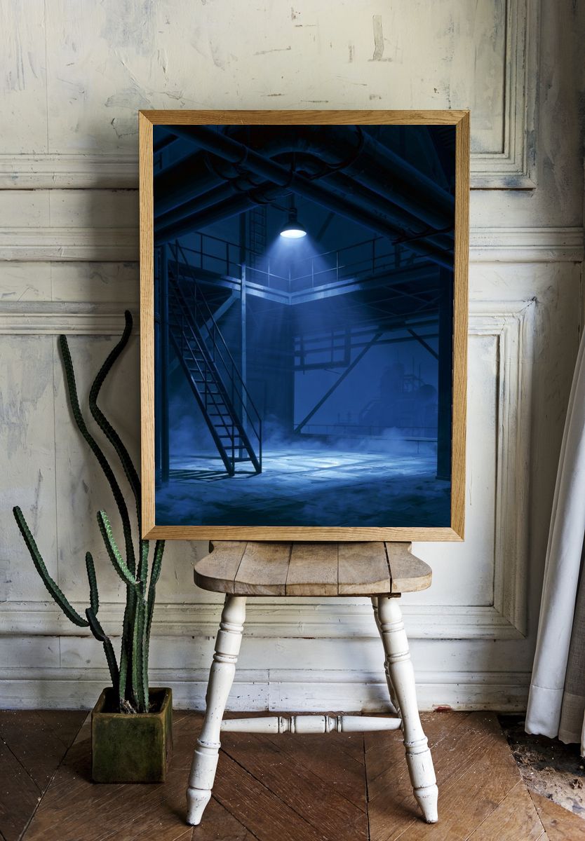 Blue Industrial Warehouse Poster. — room view 1