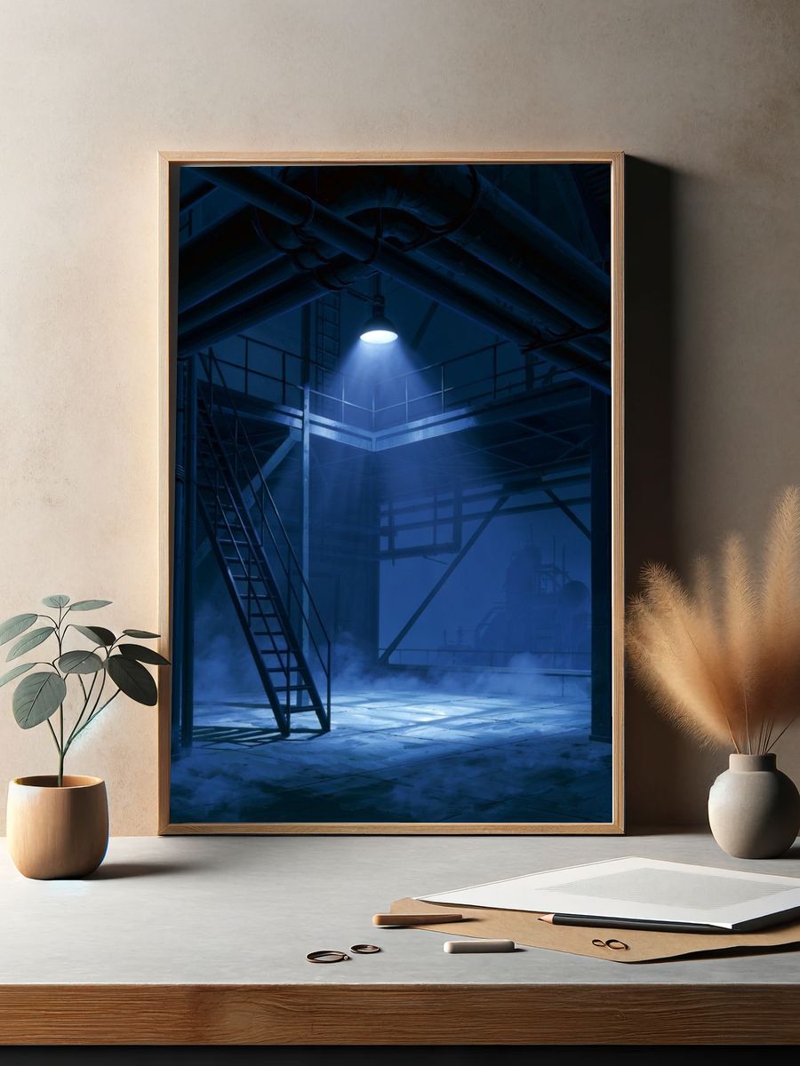 Blue Industrial Warehouse Poster. — room view 2