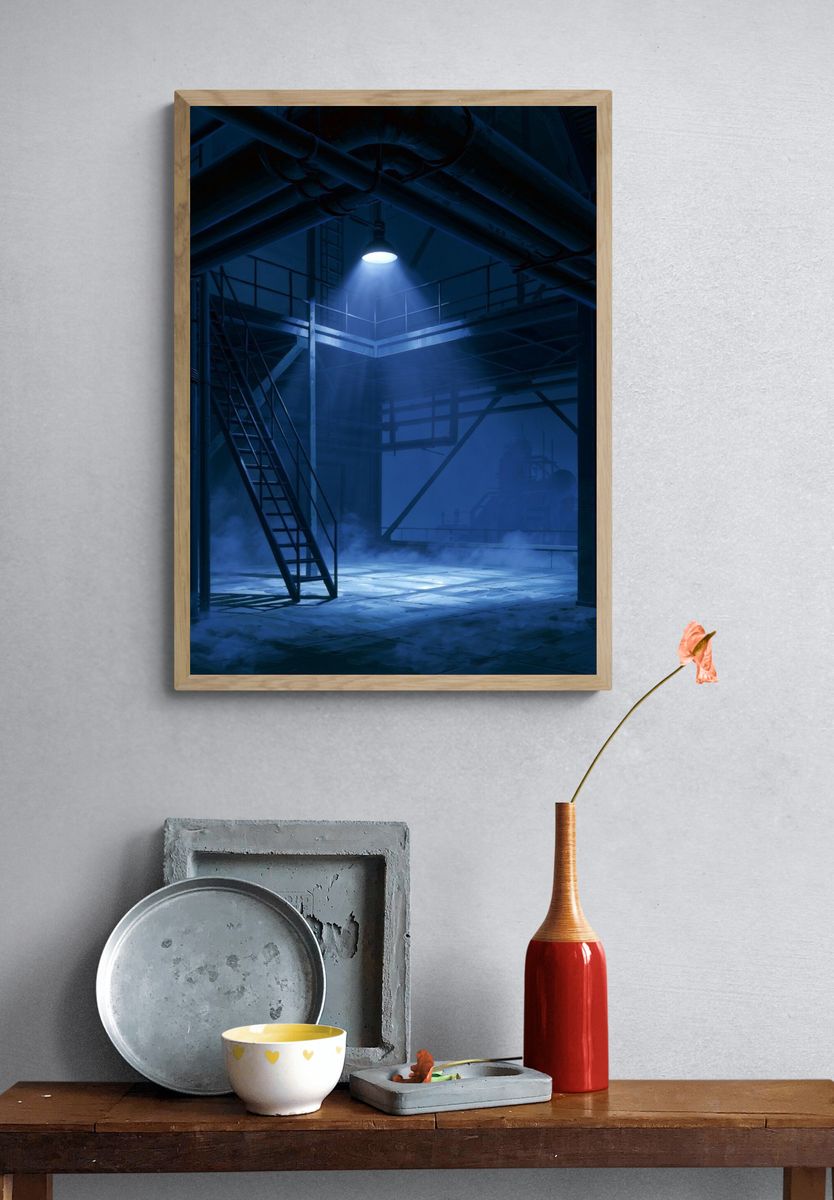 Blue Industrial Warehouse Poster. — room view 3
