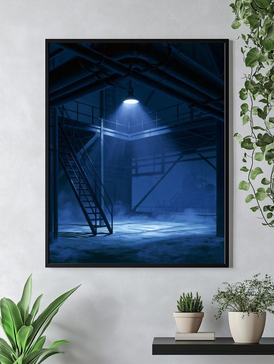 Blue Industrial Warehouse Poster. — room view 4