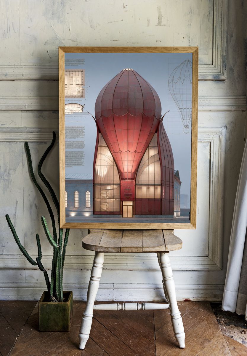 Hot Air Balloon Building Architecture Print. room preview