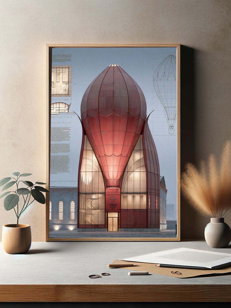 Hot Air Balloon Building Architecture Print. — room view 2