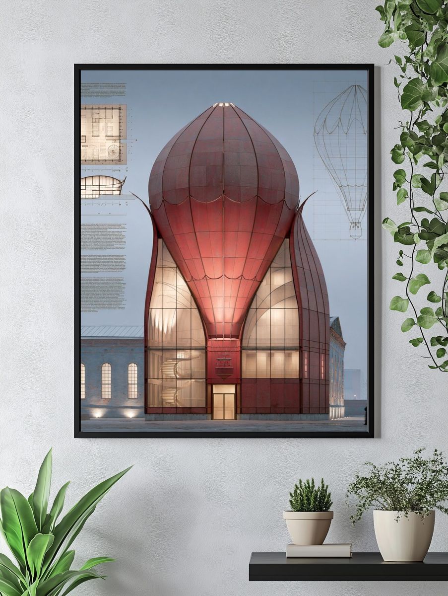 Hot Air Balloon Building Architecture Print. — room view 4