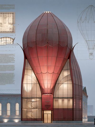 Hot Air Balloon Building Architecture Print.