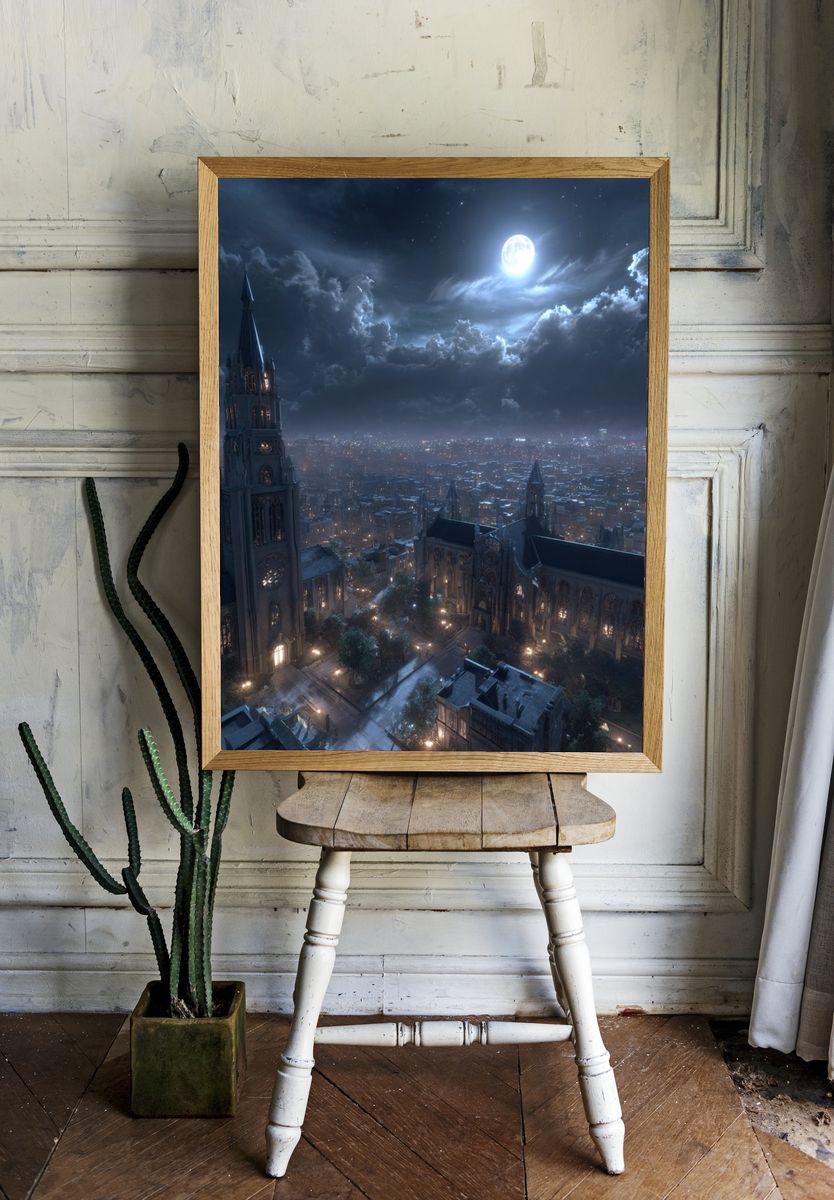 Moonlit Gothic Cityscape Poster. room preview