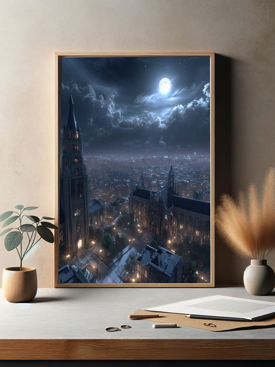 Moonlit Gothic Cityscape Poster. — room view 2