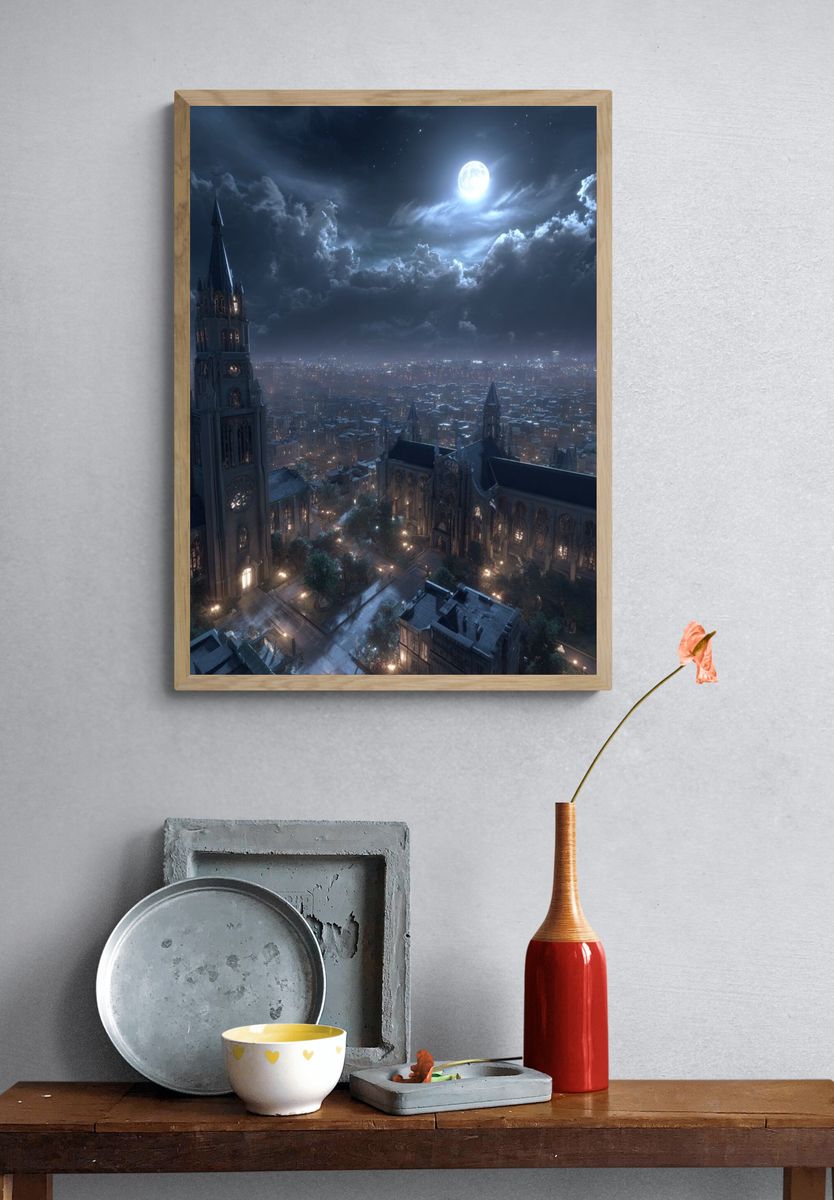 Moonlit Gothic Cityscape Poster. — room view 3
