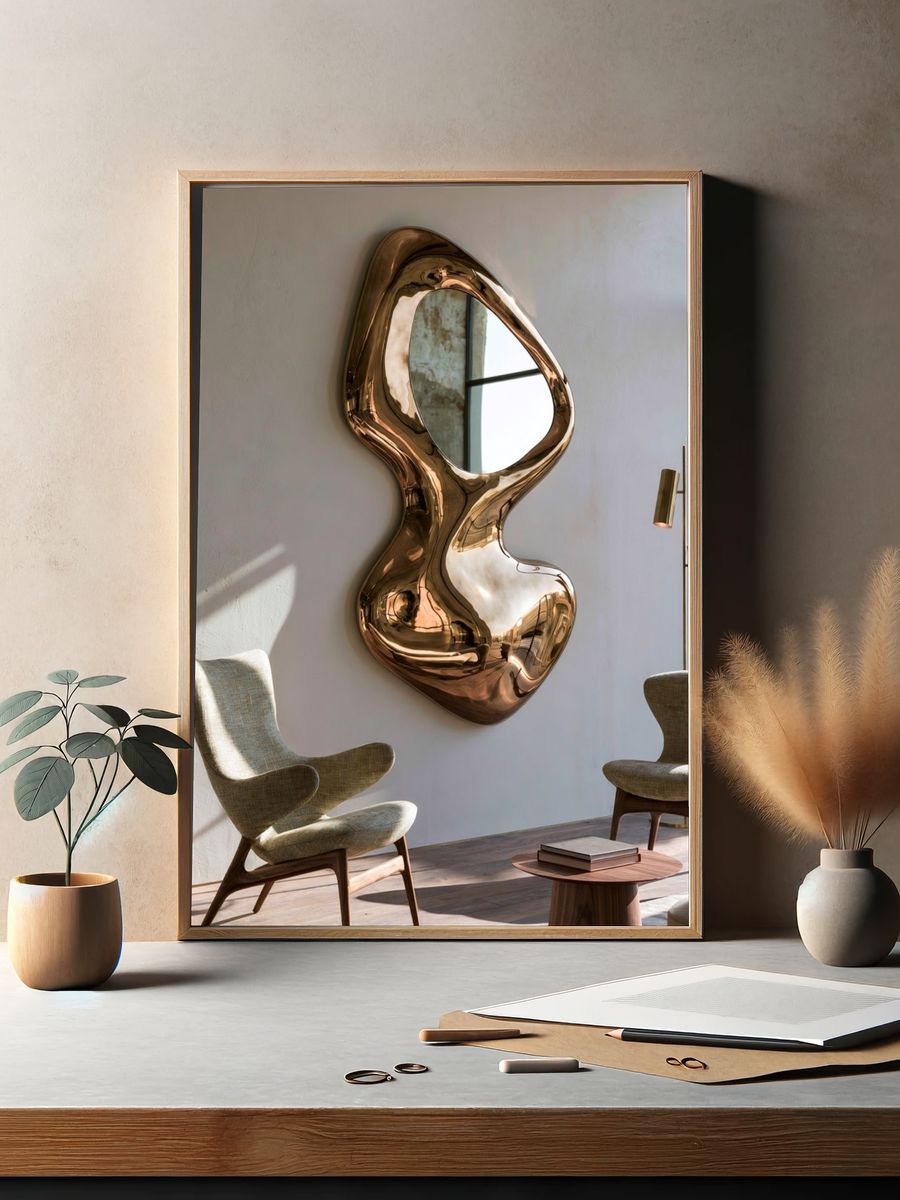 Modern Sculptural Mirror Poster. — room view 2