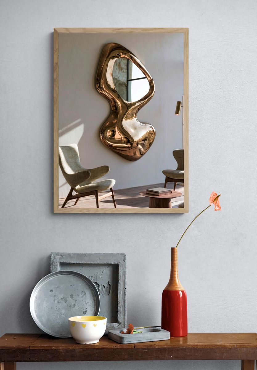Modern Sculptural Mirror Poster. — room view 3