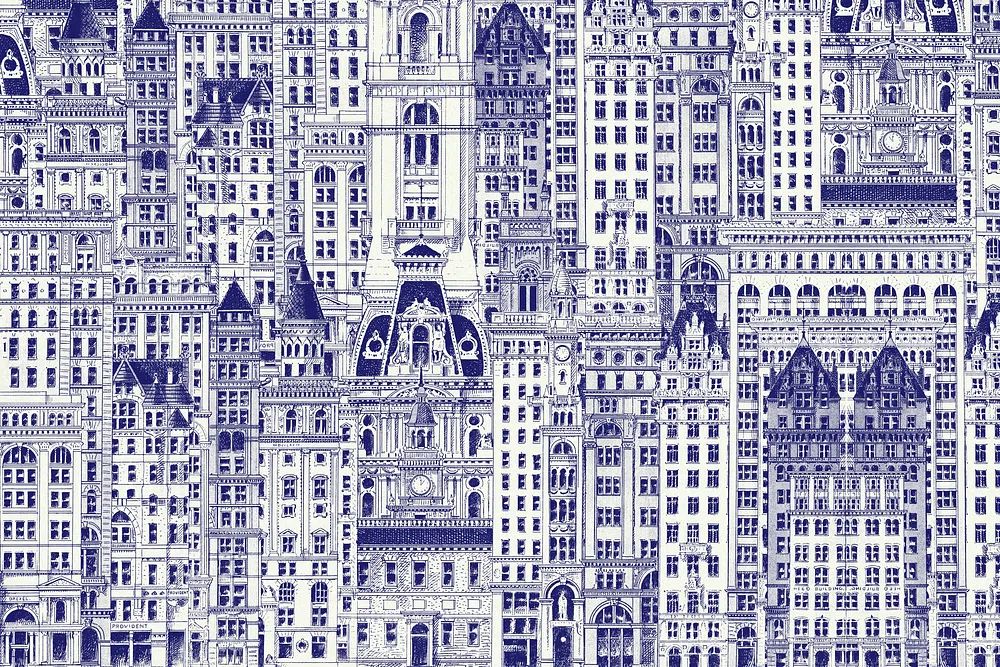 Blue city buildings pattern background. poster detail