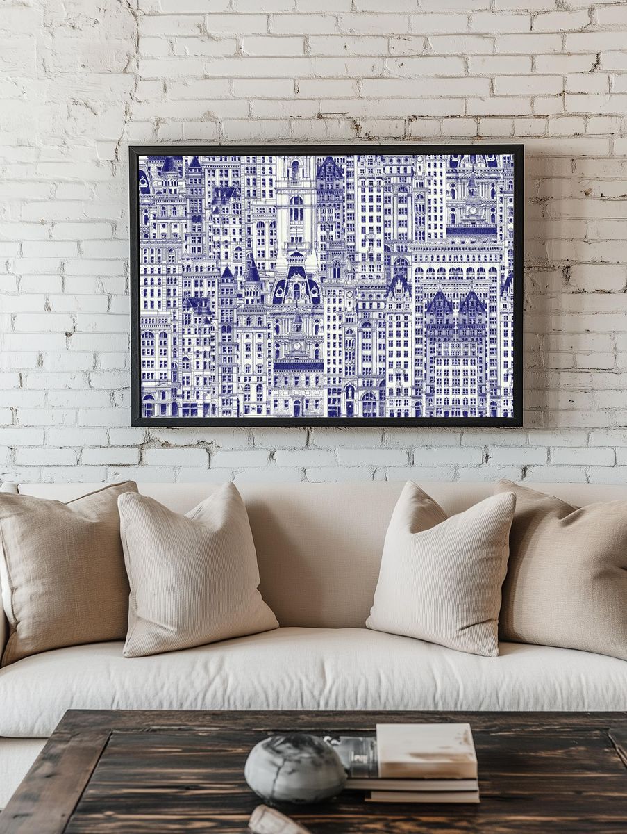 Blue city buildings pattern background. room preview