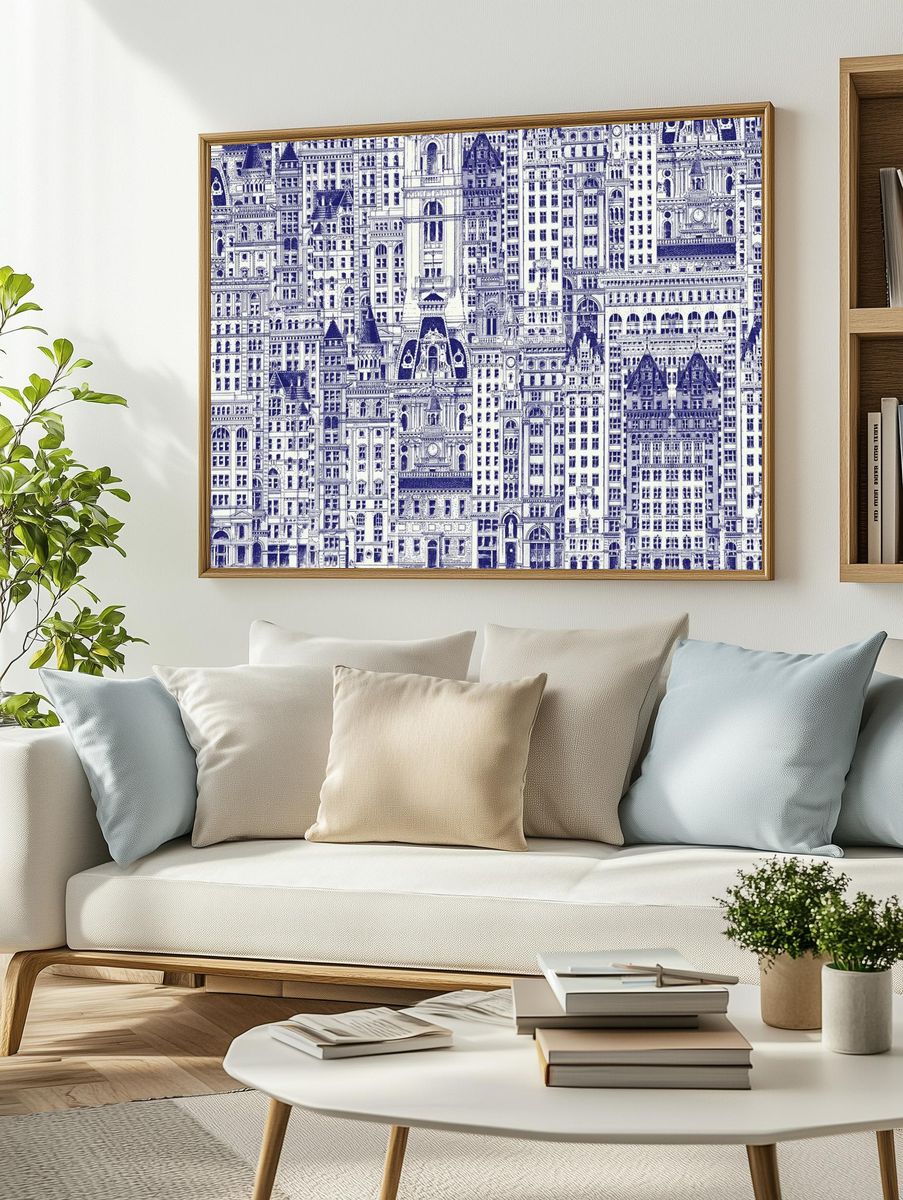 Blue city buildings pattern background. — room view 2