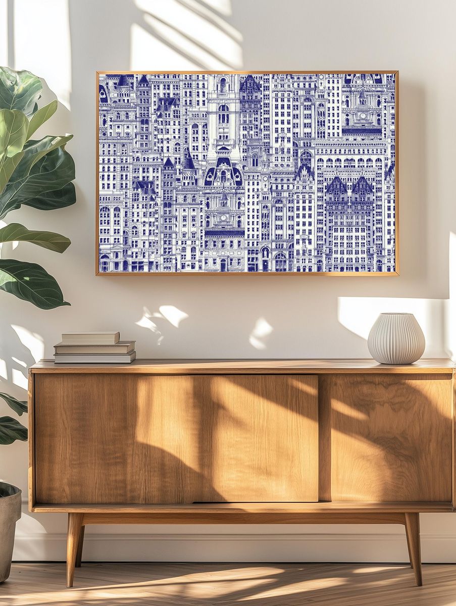 Blue city buildings pattern background. — room view 3