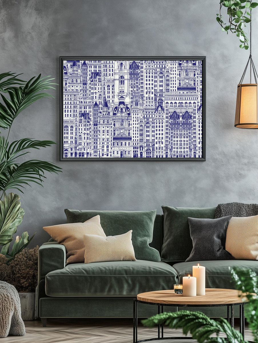 Blue city buildings pattern background. — room view 4