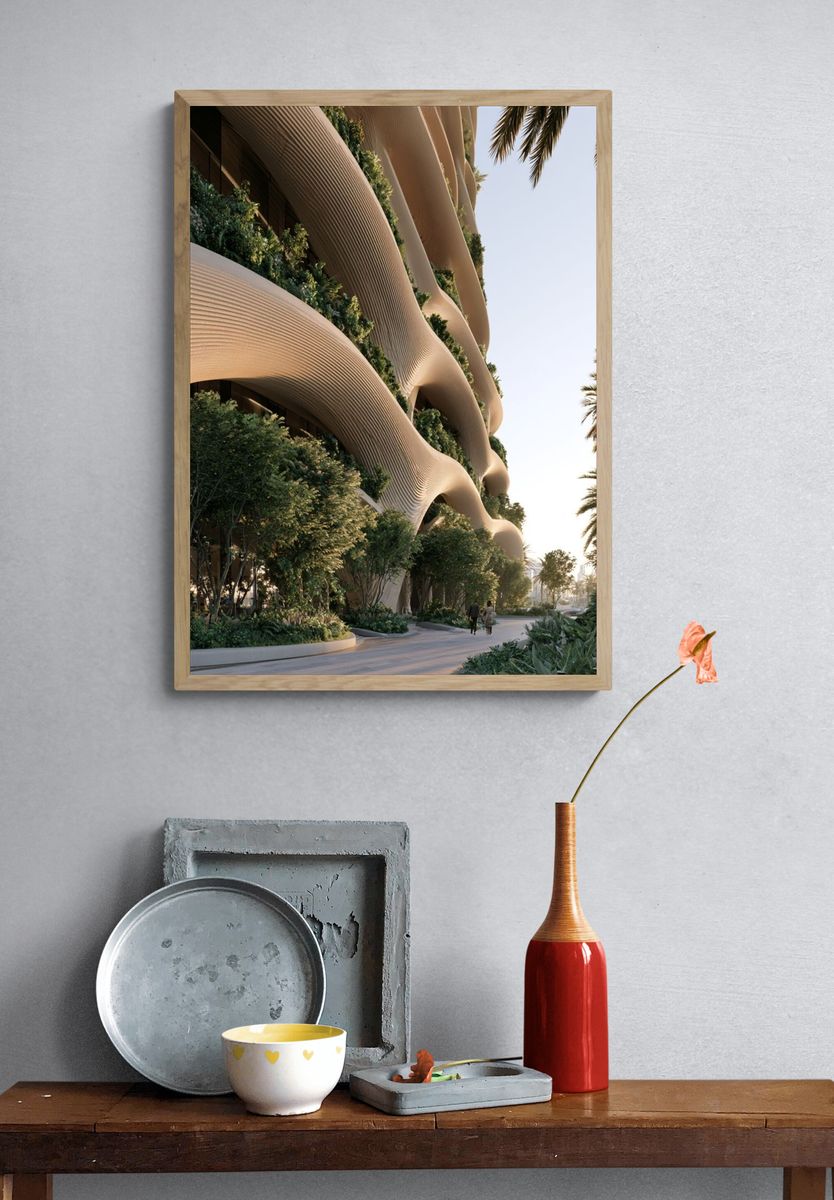 Futuristic Palm Building Architecture Print. — room view 3