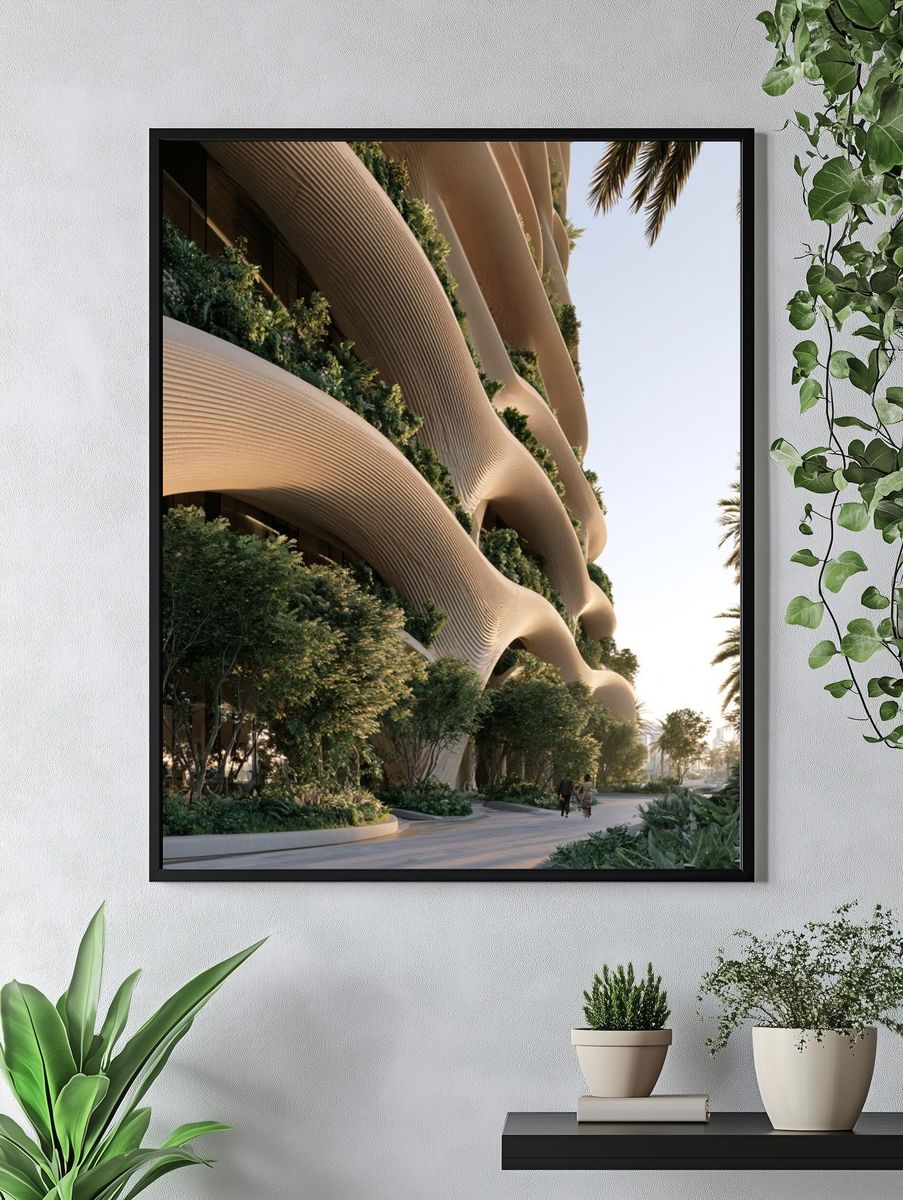 Futuristic Palm Building Architecture Print. — room view 4
