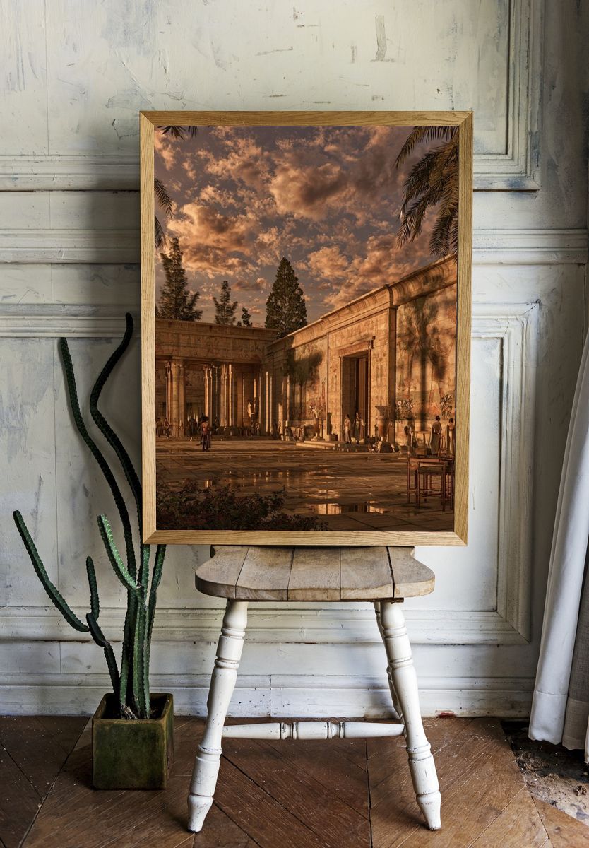 Ancient Temple Courtyard Sunset Print. — room view 1