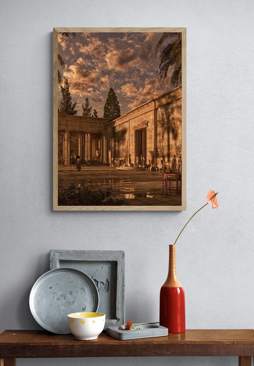 Ancient Temple Courtyard Sunset Print. — room view 3
