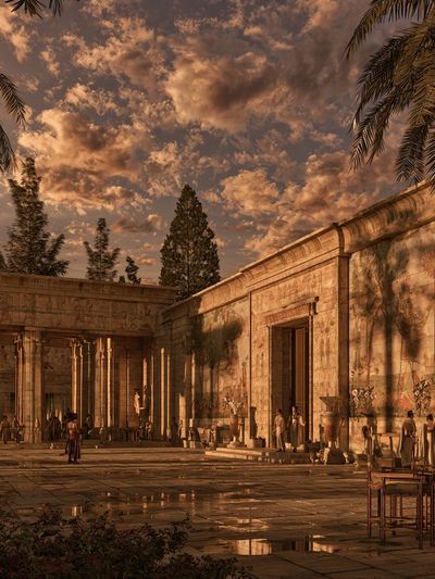 Ancient Temple Courtyard Sunset Print.