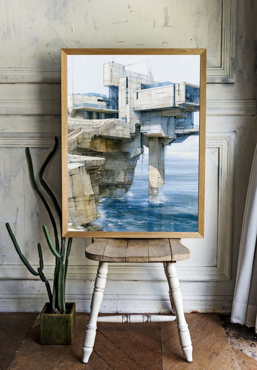 Seaside Brutalist Architecture Print. room preview