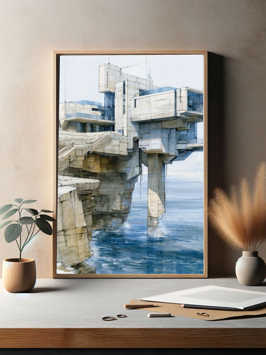 Seaside Brutalist Architecture Print. — room view 2