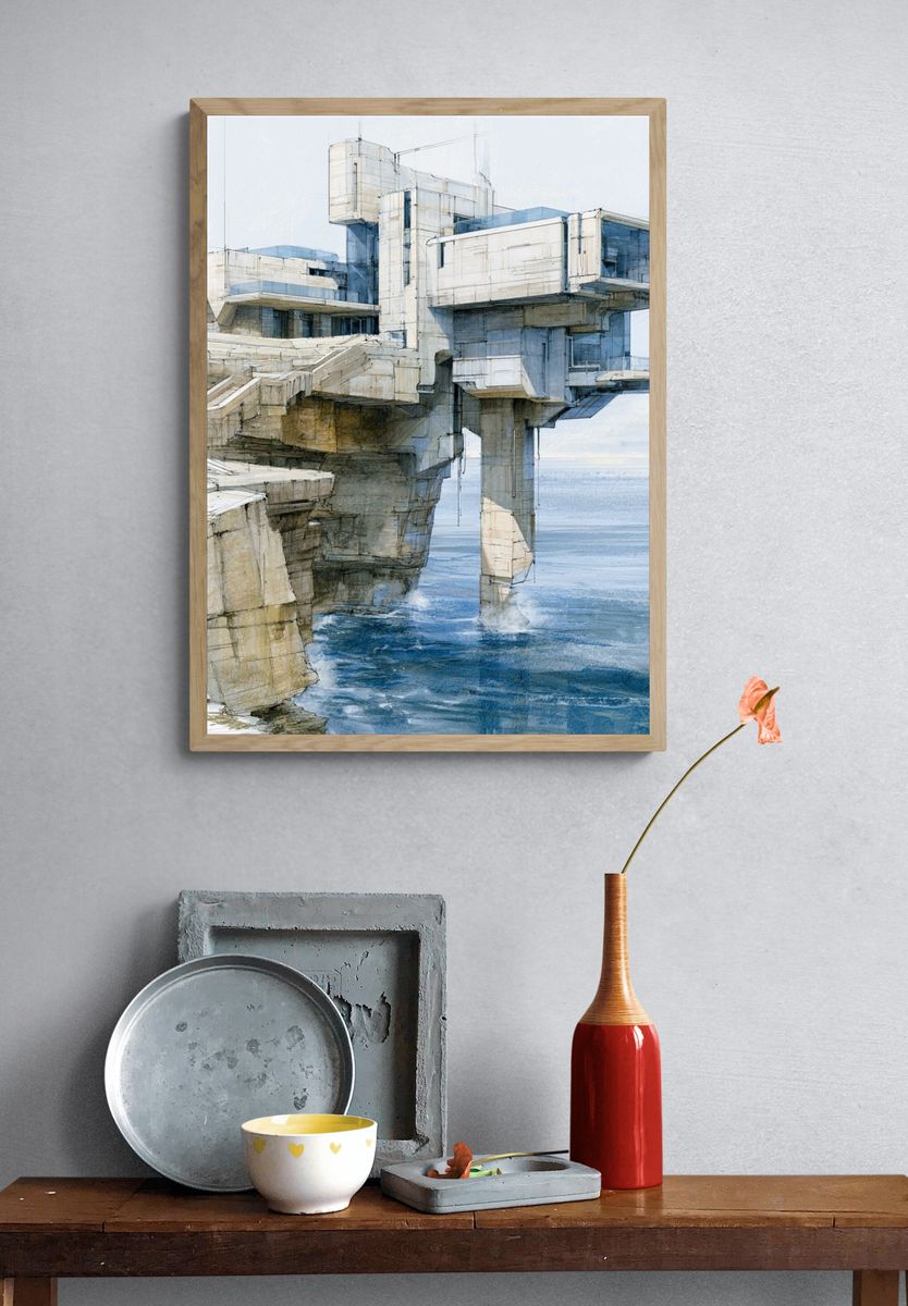 Seaside Brutalist Architecture Print. — room view 3