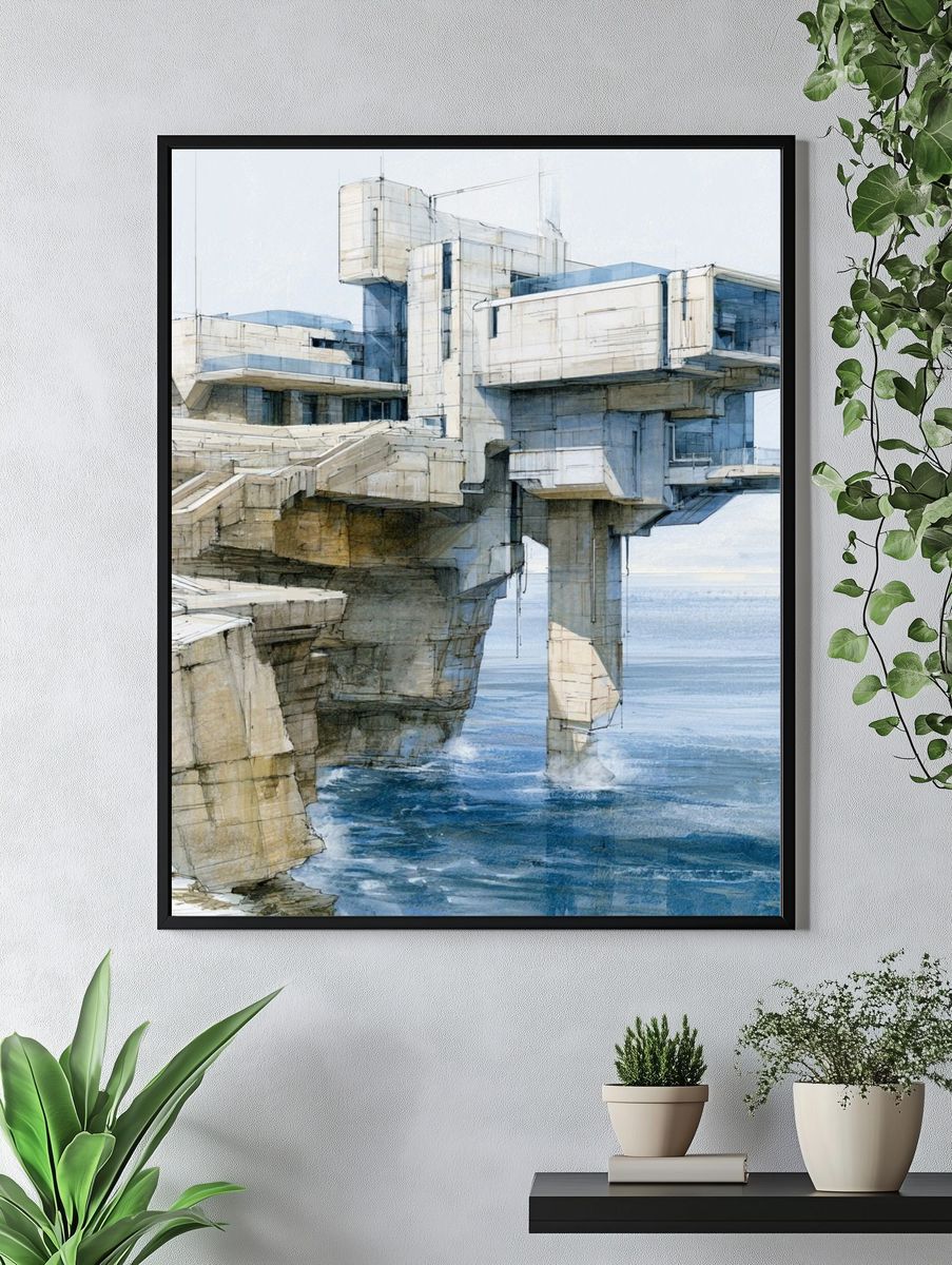 Seaside Brutalist Architecture Print. — room view 4