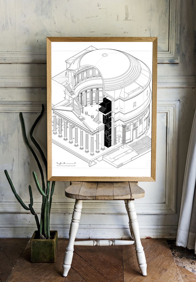 Architectural Cutaway Line Art Poster. — room view 1