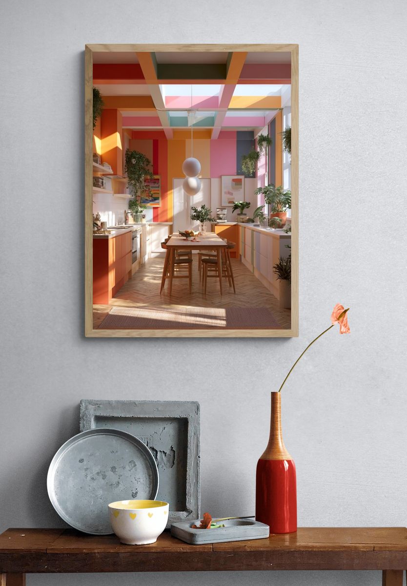Colorful Sunlit Kitchen Interior Print. — room view 3