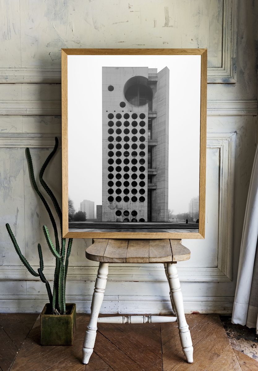 Brutalist Tower Black-White Poster. room preview