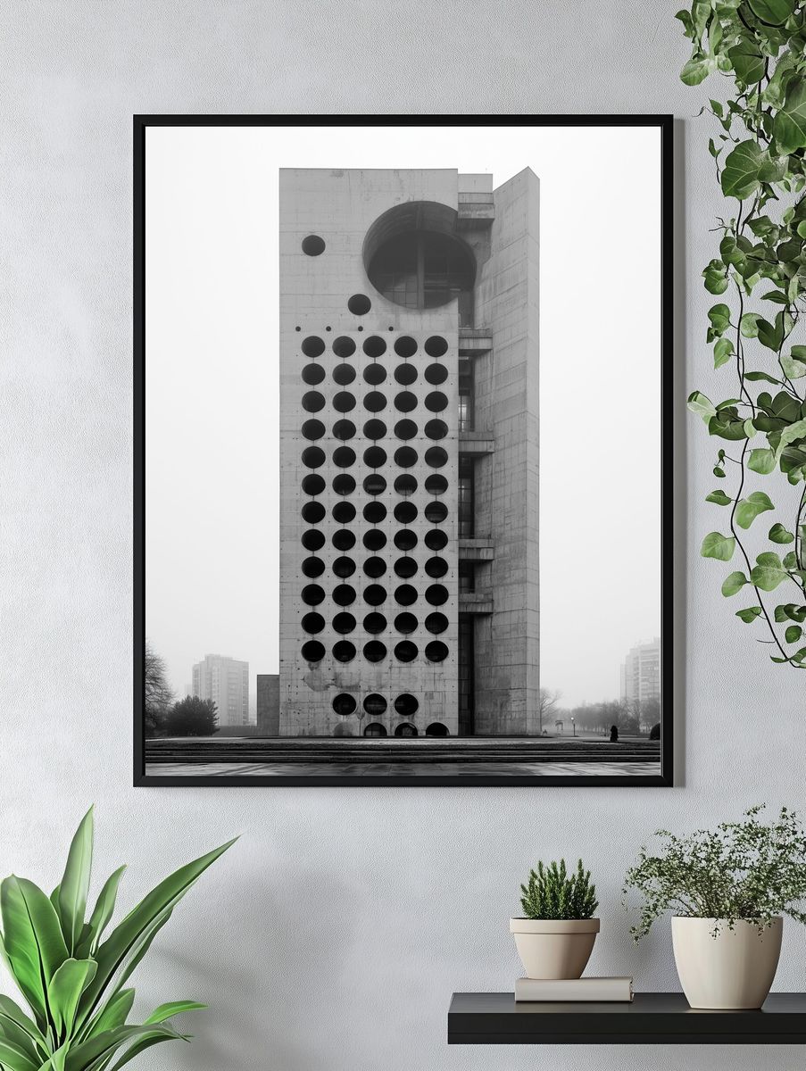 Brutalist Tower Black-White Poster. — room view 4