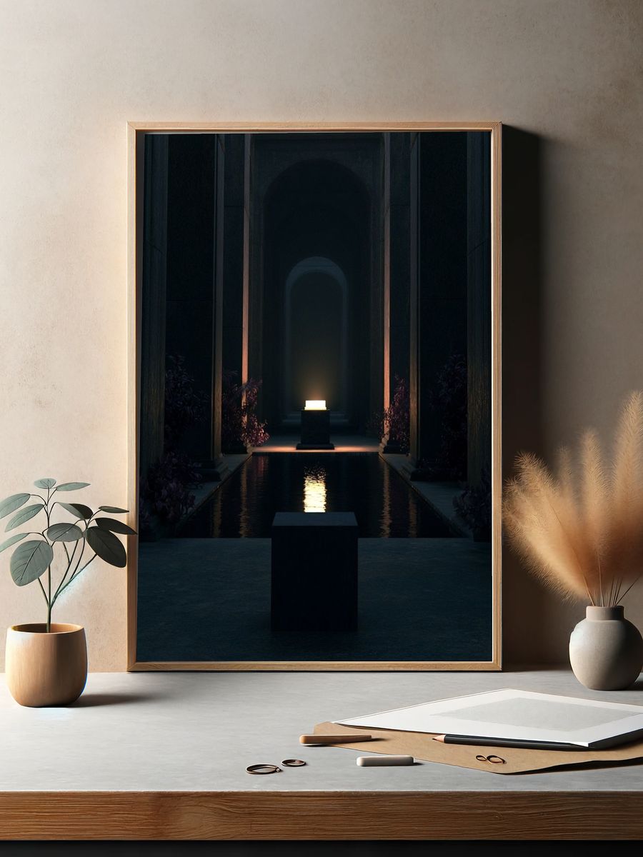 Candlelit Courtyard Minimalist Print. — room view 2
